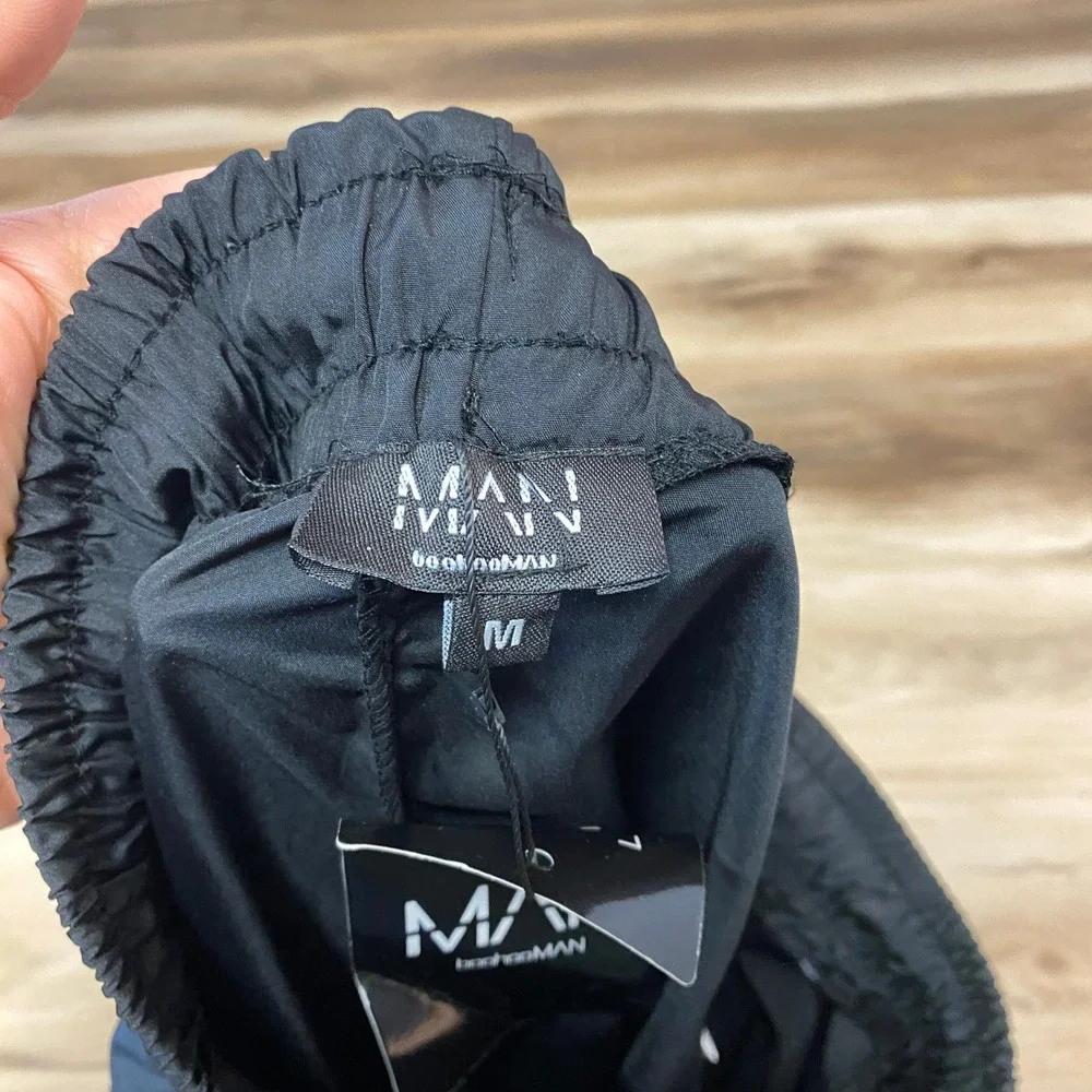 BoohooMAN Cargo Track Pants Mens M Tall Streetwear Polyester Straight Leg Black - Picture 2 of 11